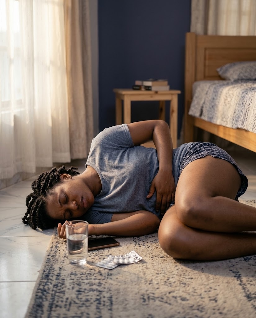 Woman curled up in pain with painkillers nearby